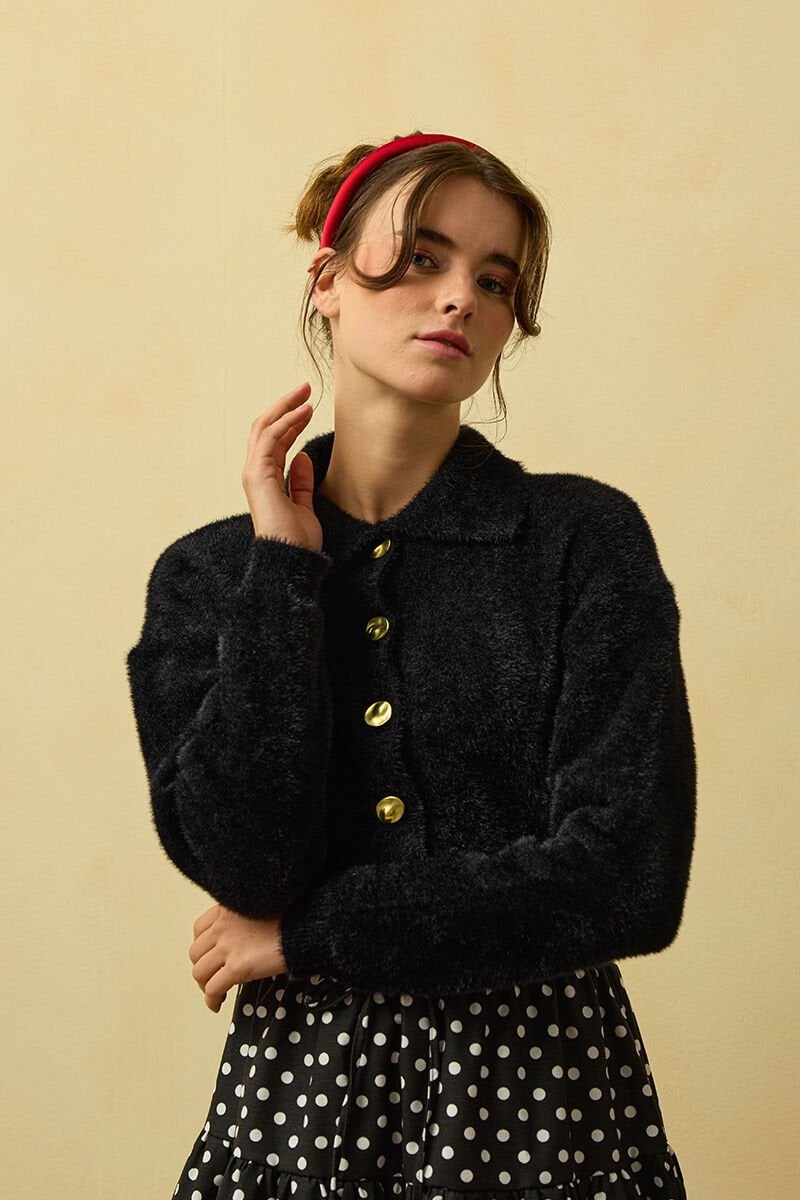 Siyah Polo Yaka Peluş Hırka