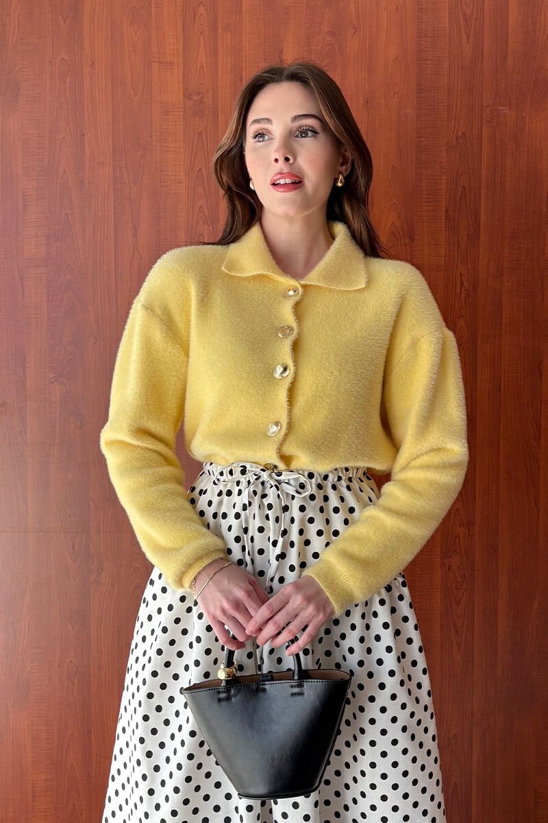 Limon Sarısı  Polo Yaka Peluş Hırka