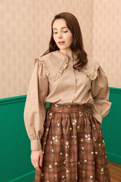 Vizon Yakası Fırfırlı Crop Gömlek