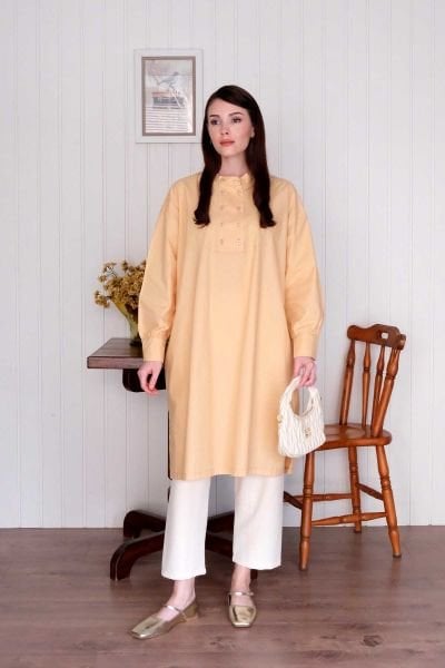 Soft Sarı Uzun Düğme Detaylı Tunik
