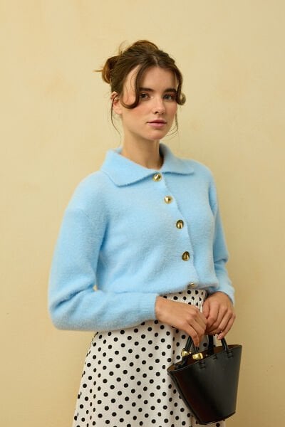 Soft Mavisi  Polo Yaka Peluş Hırka