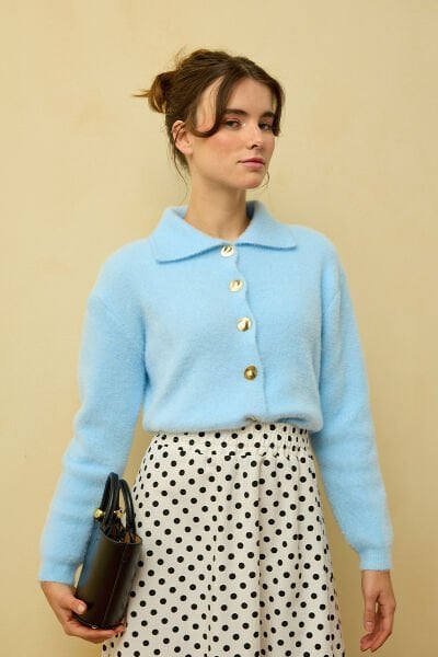 Soft Mavisi  Polo Yaka Peluş Hırka