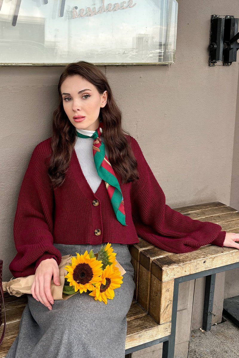 Bordo Balon Kol Triko Hırka