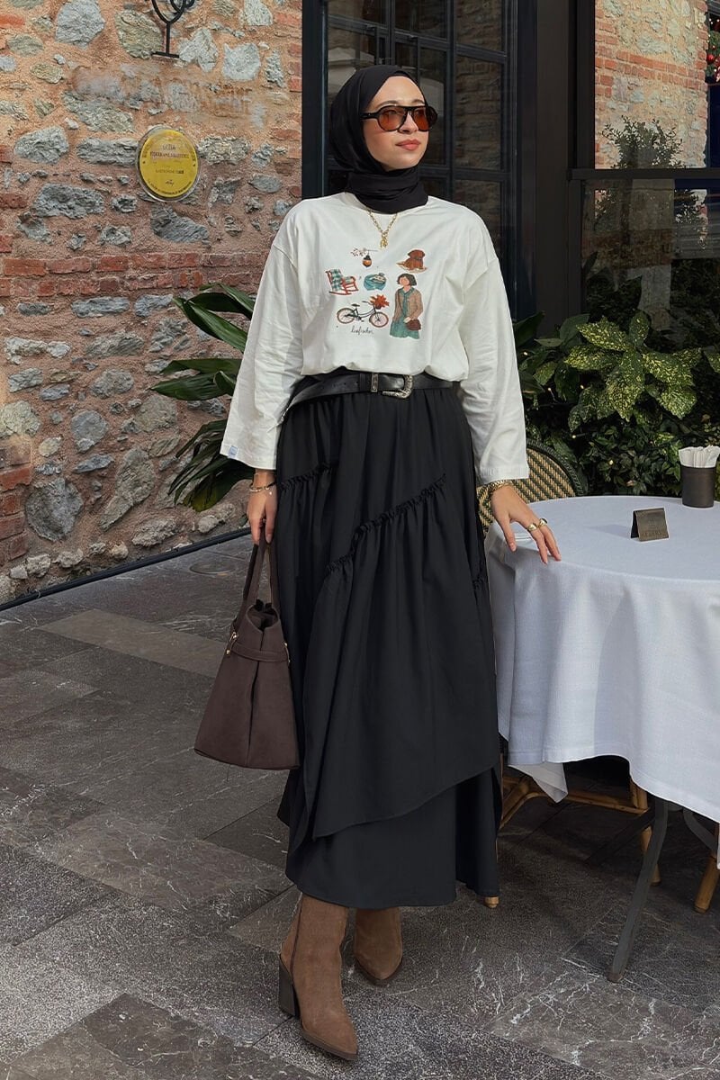 Ekru Bisiklet Baskılı Basic Body & Siyah Poliviskon Bohem Kat Etek Takım