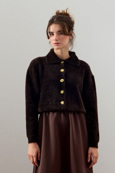 Acı Kahve  Polo Yaka Peluş Hırka