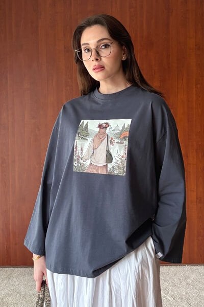 Antrasit Papatya Kız Baskılı Basic Body