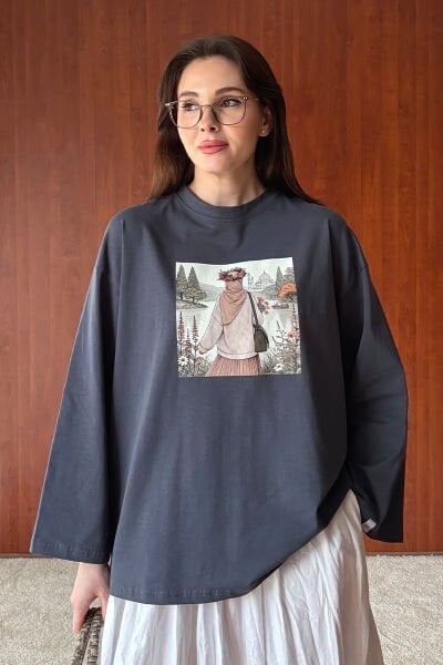 Antrasit Papatya Kız Baskılı Basic Body