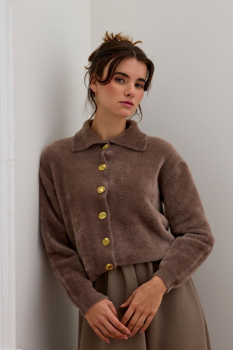 Vizon  Polo Yaka Peluş Hırka