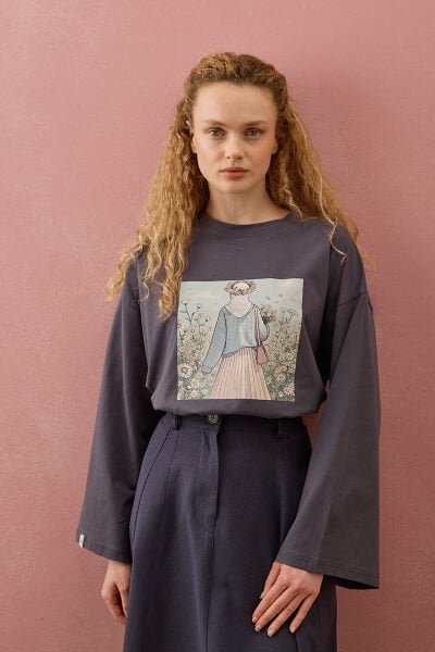 Antrasit Papatya Kız Baskılı Basic Body