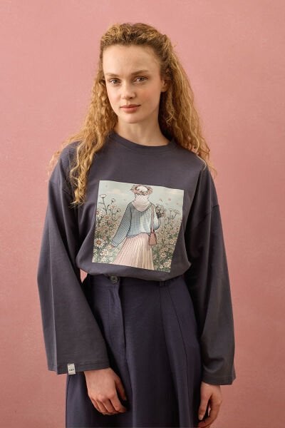 Antrasit Papatya Kız Baskılı Basic Body