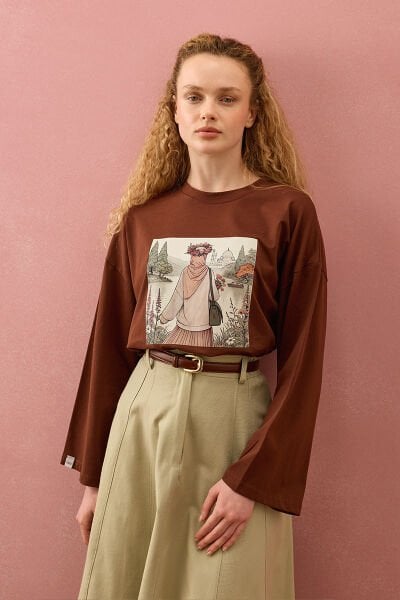 Açık Kahve Papatya Kız Baskılı Basic Body