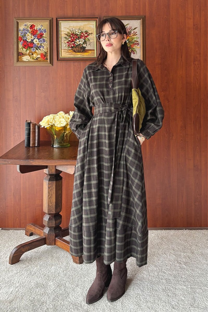 Acı Kahve Ekoseli Vintage Elbise