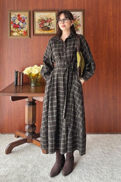 Acı Kahve Ekoseli Vintage Elbise