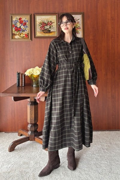 Acı Kahve Ekoseli Vintage Elbise