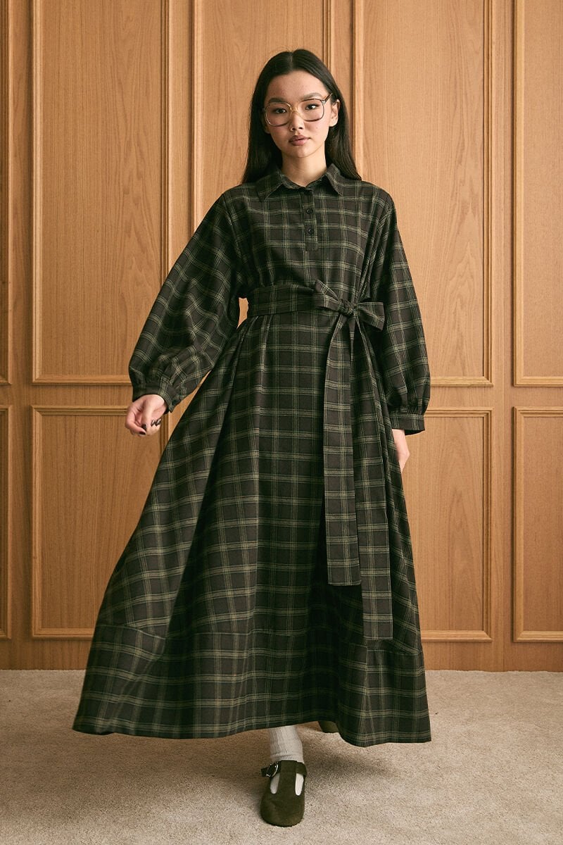 Acı Kahve Ekoseli Vintage Elbise