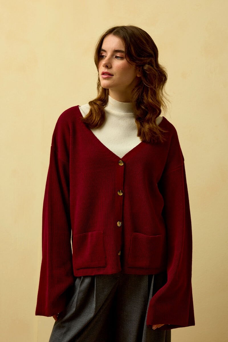 Bordo İspanyol Kol Triko Hırka