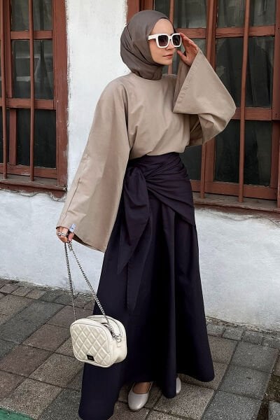 Siyah Bağlamalı Pamuk Etek