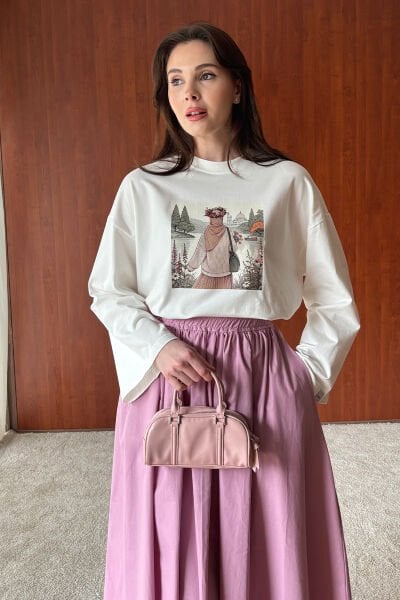 Ekru Papatya Kız Baskılı Basic Body