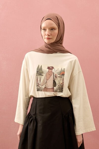 Ekru Papatya Kız Baskılı Basic Body