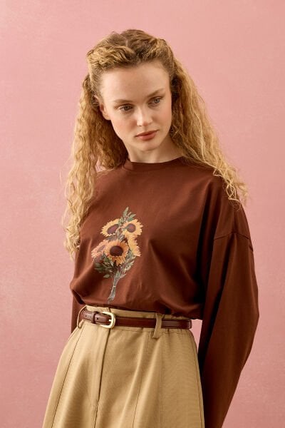 Acı Kahve Ay Çiçeği Baskılı Basic Body