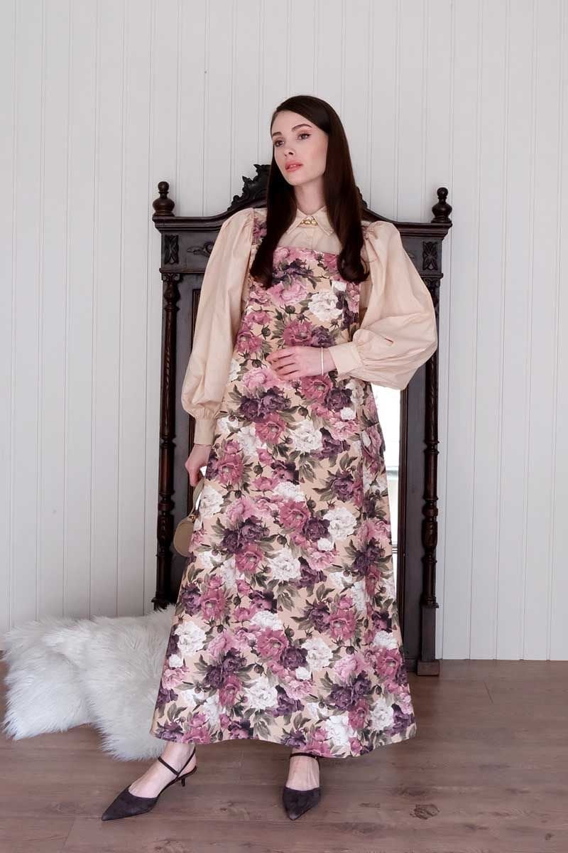 Mor Çiçek Desenli Keten Etekli Salopet