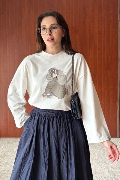 Ekru Kız Baskılı Basic Body