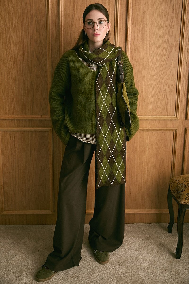 Haki Baklava Desenli Atkı