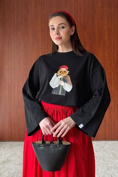 Siyah Çiçekli Kız Baskılı Basic Body