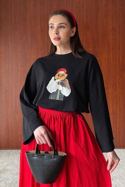 Siyah Çiçekli Kız Baskılı Basic Body