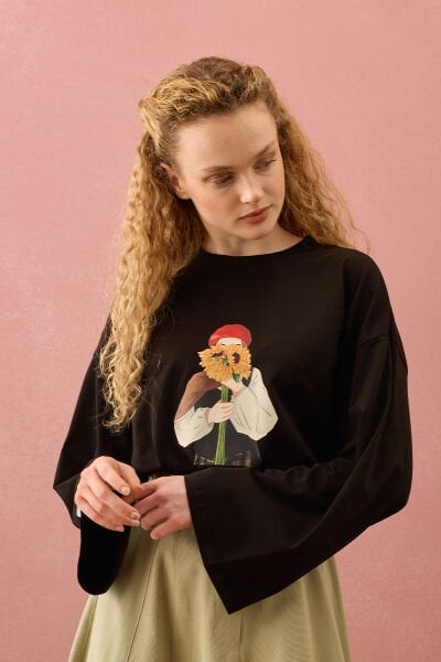 Siyah Çiçekli Kız Baskılı Basic Body