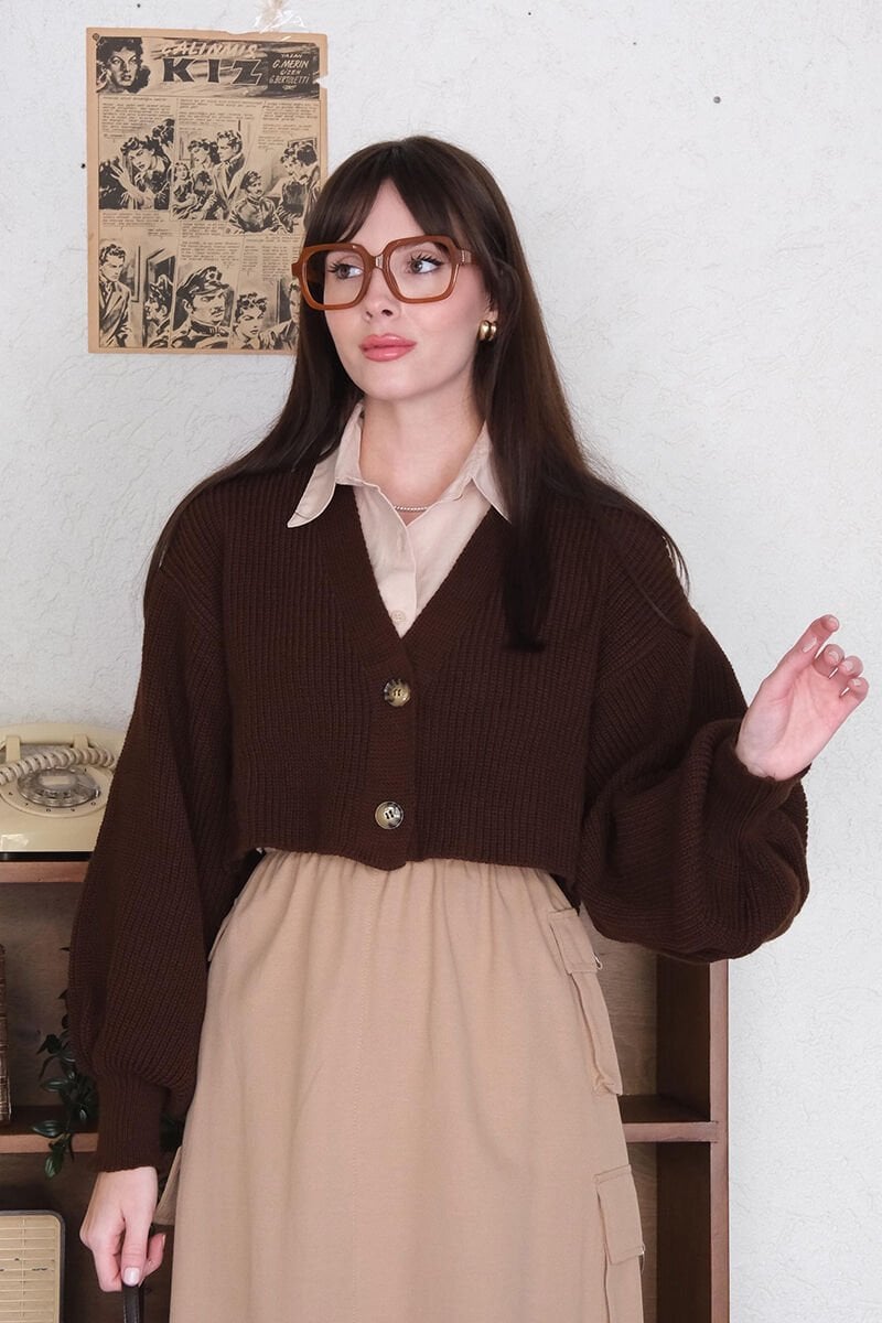 Acı Kahve Balon Kol Triko Hırka