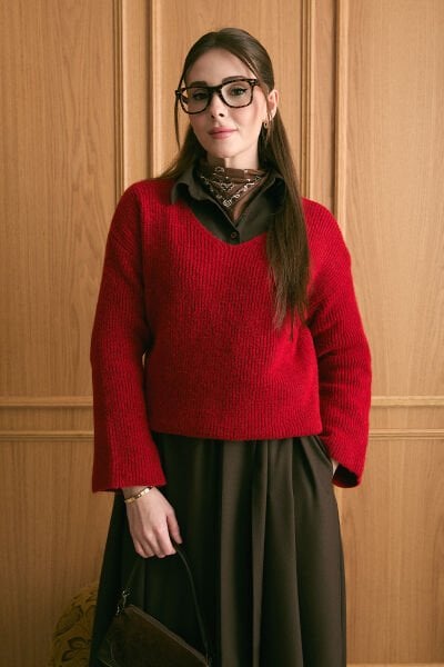 Kırmızı V Yaka Triko Kazak