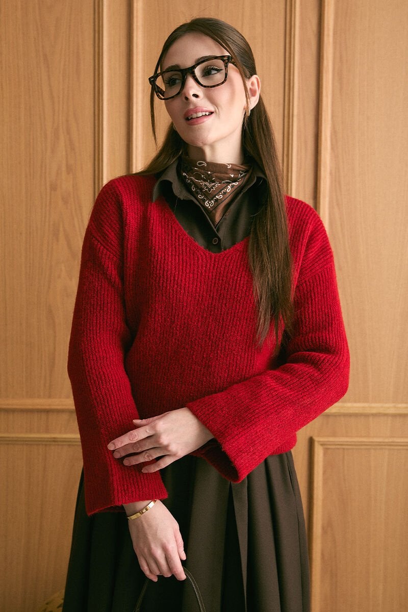 Kırmızı V Yaka Triko Kazak