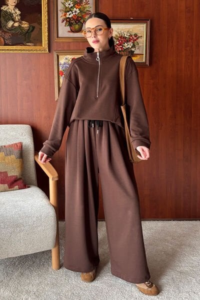 Acı Kahve 3 İplik Yarım Fermuarlı Eşofman Takım