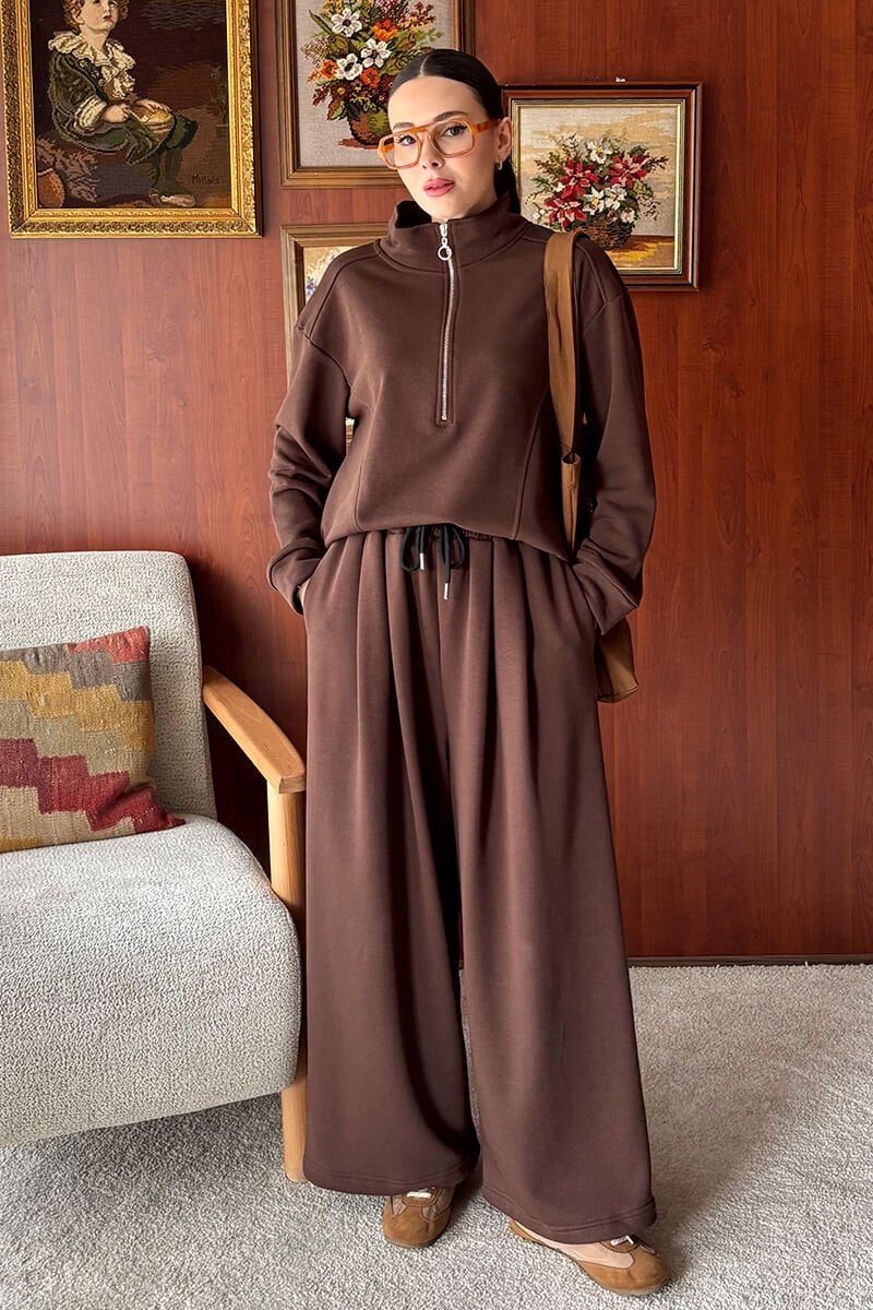 Acı Kahve 3 İplik Yarım Fermuarlı Eşofman Takım