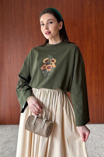 Haki Ay Çiçeği Baskılı Basic Body