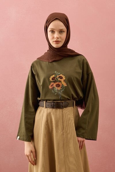 Haki Ay Çiçeği Baskılı Basic Body