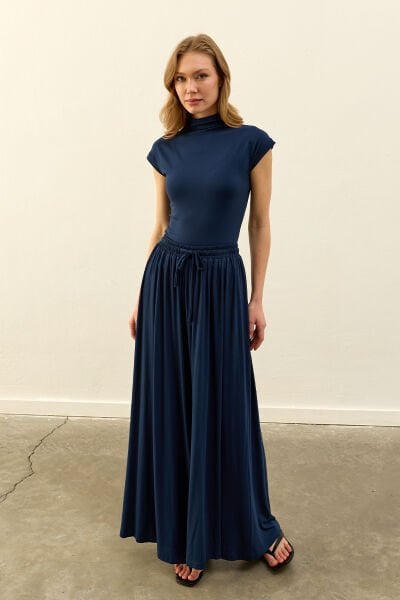 Lacivert Viskon Dökümlü Pantolon