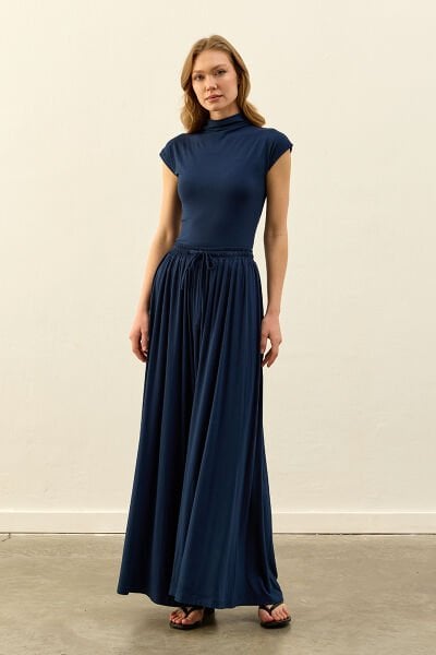 Lacivert Viskon Dökümlü Pantolon