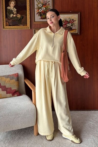 Tereyağ Sarısı 3 İplik Yarım Fermuarlı Eşofman Takım