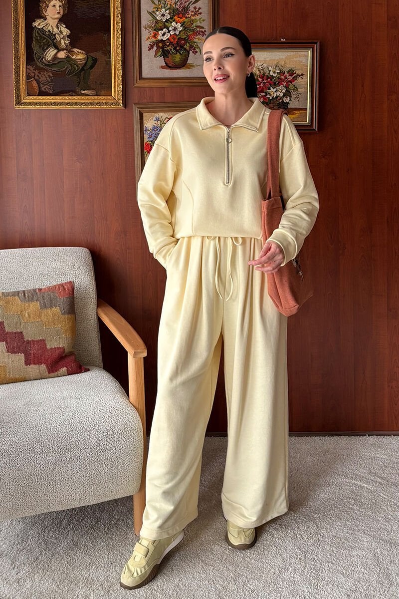 Tereyağ Sarısı 3 İplik Yarım Fermuarlı Eşofman Takım