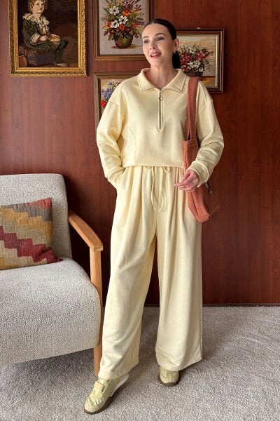 Tereyağ Sarısı 3 İplik Yarım Fermuarlı Eşofman Takım