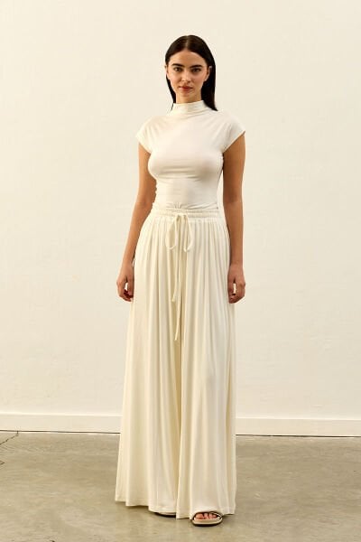 Ekru Viskon Dökümlü Pantolon