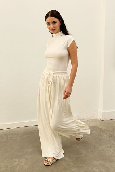 Ekru Viskon Dökümlü Pantolon