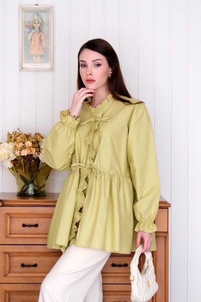 Soft Yeşil Fırfırlı Bağlamalı Tunik
