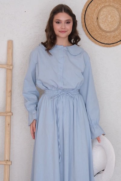 Bebe Mavisi Organik Keten Marul Kol Gömlek