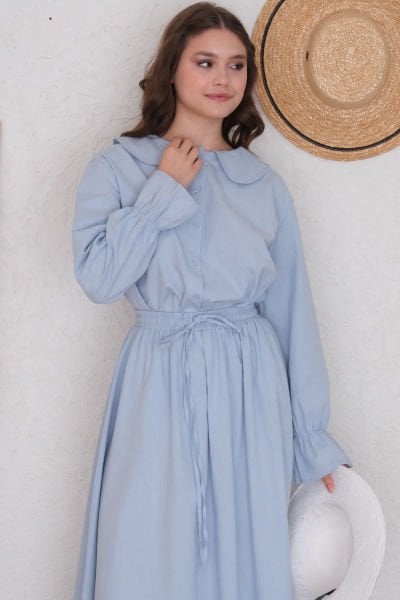 Bebe Mavisi Organik Keten Marul Kol Gömlek