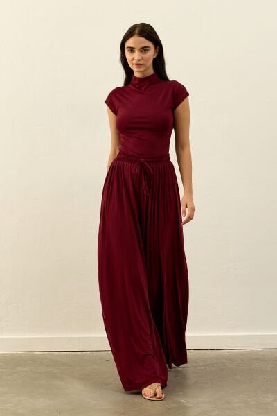 Bordo Viskon Dökümlü Pantolon