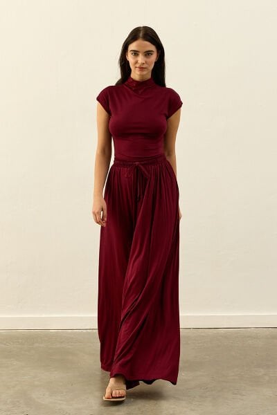 Bordo Viskon Dökümlü Pantolon