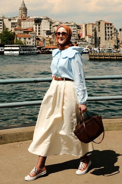 Tereyağ Sarısı Tek Düğmeli Keten Etek